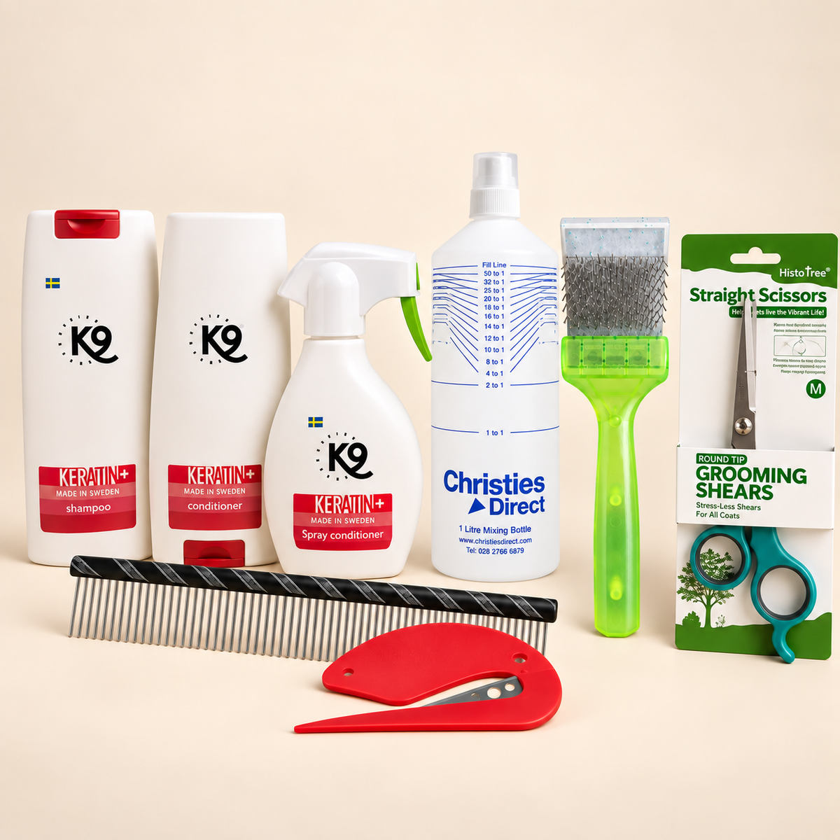 Complete Klit & Vachtverzorgingspakket Labradoodle – K9 Keratin + ActiVet op een rustige warme crème studioachtergrond