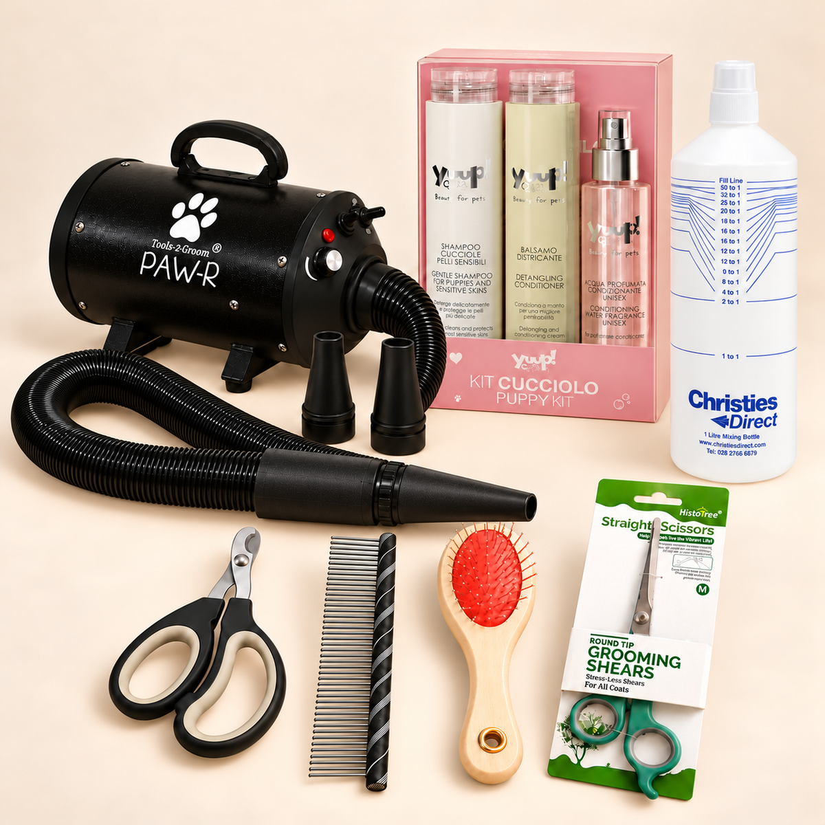 Compleet Puppy Vacht Start-pakket met zwarte PAW-R waterblazer, Yuup Puppy Kit, mengfles van 1 liter, puppyborstel, kam en verzorgingsschaartjes.