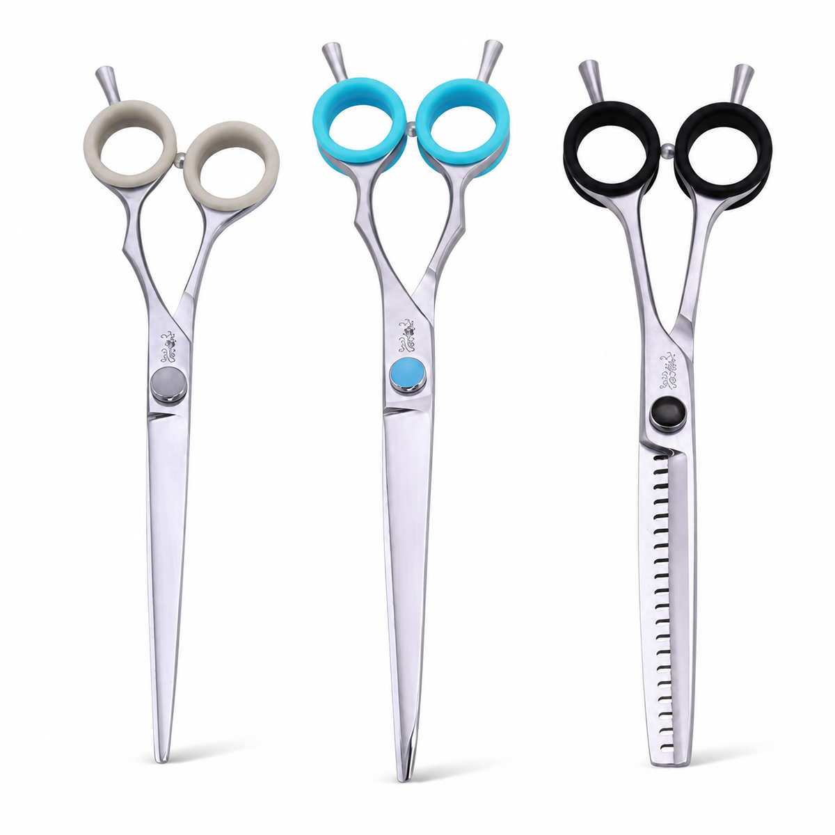 De drie meegeleverde trimscharen: rechte schaar 7 inch, gebogen schaar 8 inch en chunker 7 inch