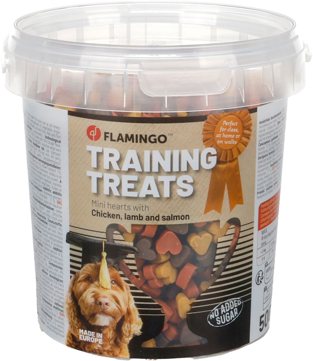 Flamingo trainingssnack mini hartjes kip lam en zalm verpakking 500 g