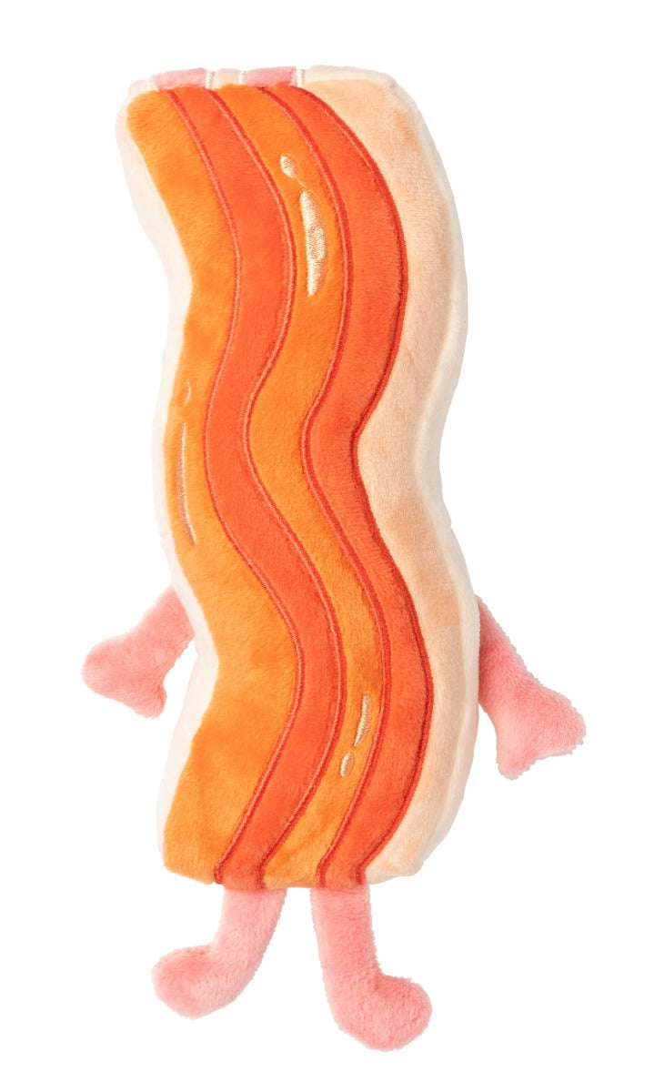 Achterkant van de FuzzYard Kevin Bacon-Strip hondenknuffel met gebakken baconpatroon