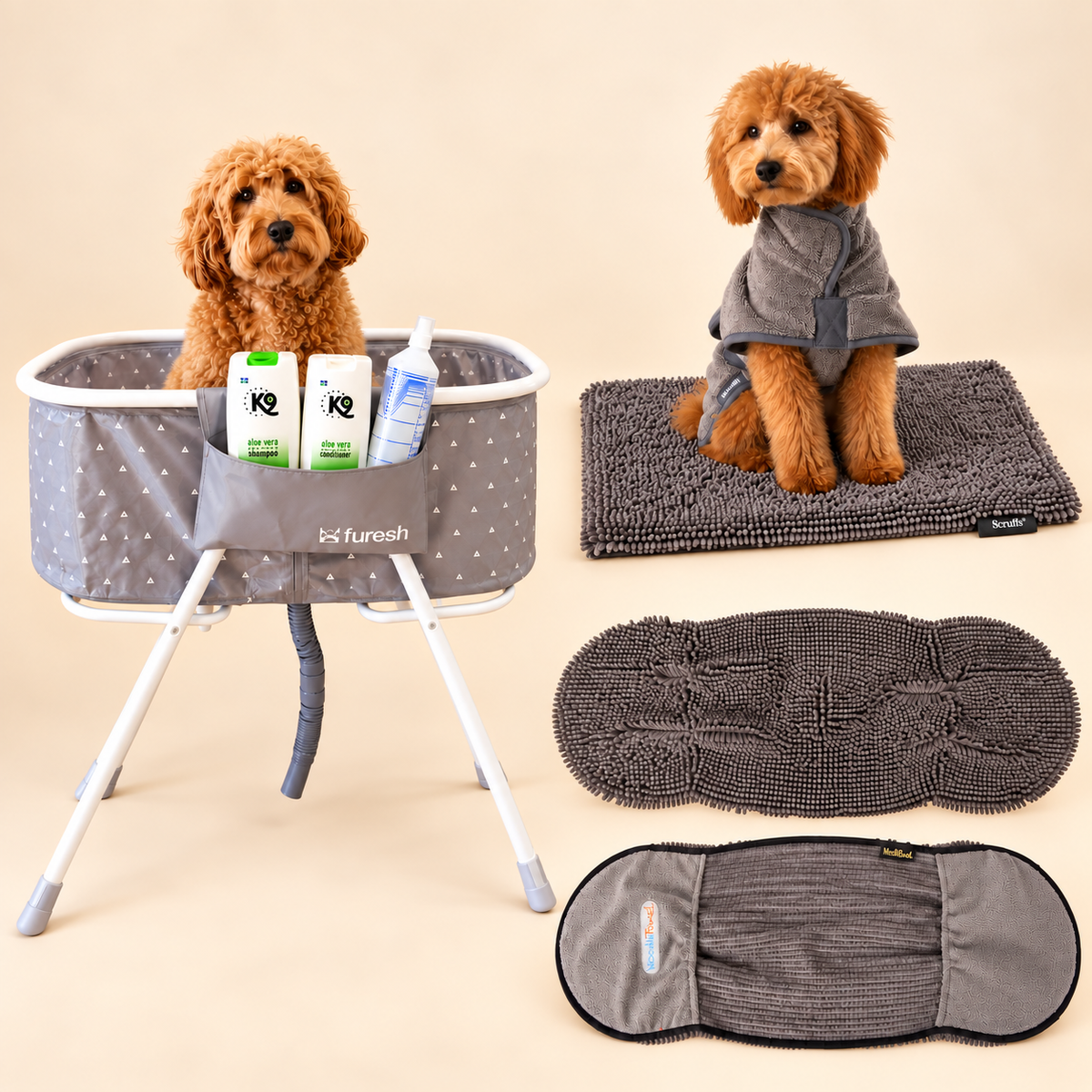 Labradoodle wassen en drogen met hondenbad en droogproducten