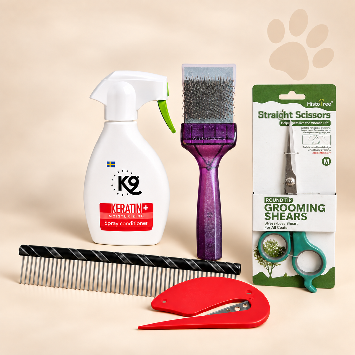 Klittenvrij Labradoodle pakket met paarse ActiVet, K9 Keratin+ spray, metalen kam, ronde-puntschaar en klittensnijder.