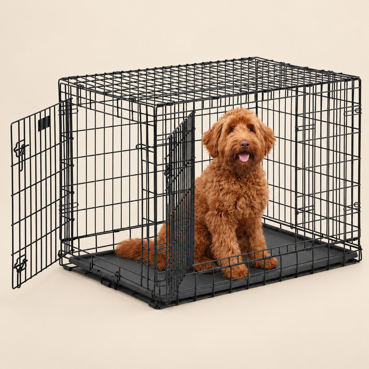 Rode Labradoodle in een zwarte hondenbench met twee open deuren