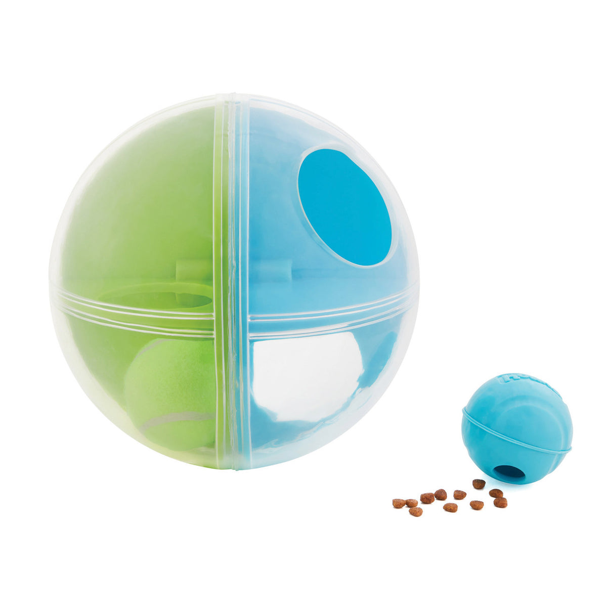 Nina Ottosson A-Maze Ball Level 2: blauwgroene puzzelbal met tennisbal en losse blauwe snackbal
