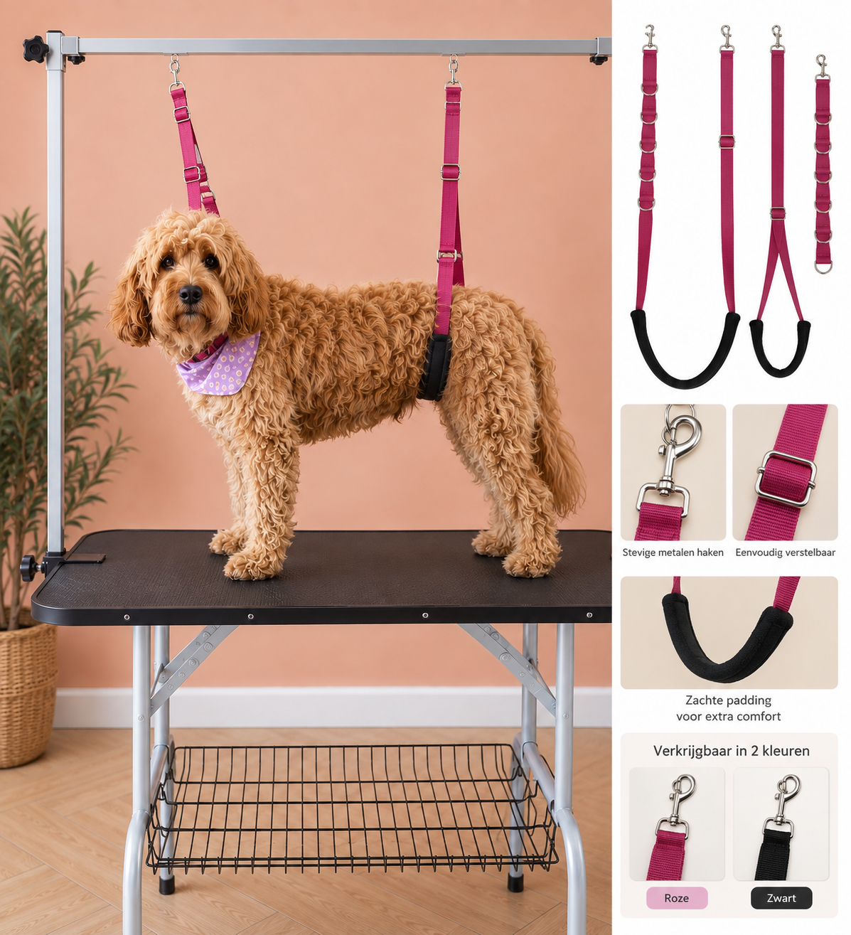 Roze trimlussen voor trimtafel met Labradoodle